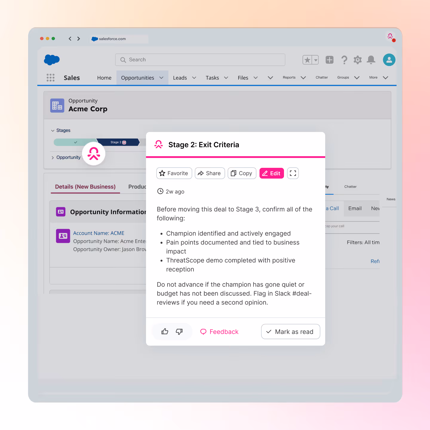 Salesforce opportunity page showing Stage 2 Exit Criteria with checklist including champion engagement, pain points documented, and demo completed.