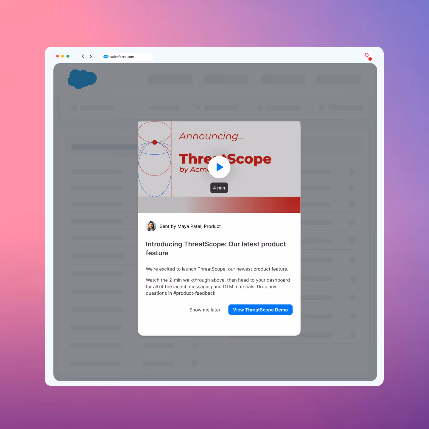 Salesforce.com webpage showing a popup announcing ThreatScope product feature with a 4-minute demo video and options to view demo or show later.
