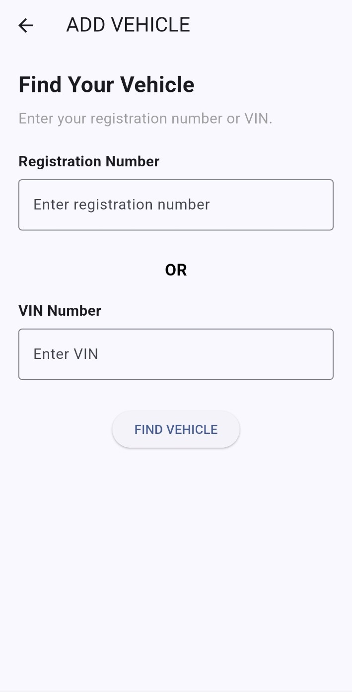 HELP MY CAR Add Vehicle screen with registration and VIN entry
