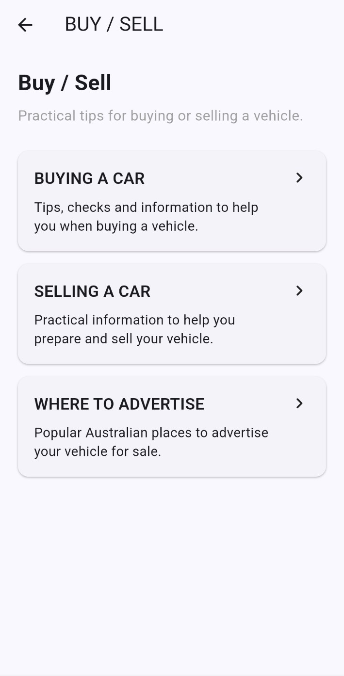 HELP MY CAR Buy and Sell screen with car buying and selling guidance