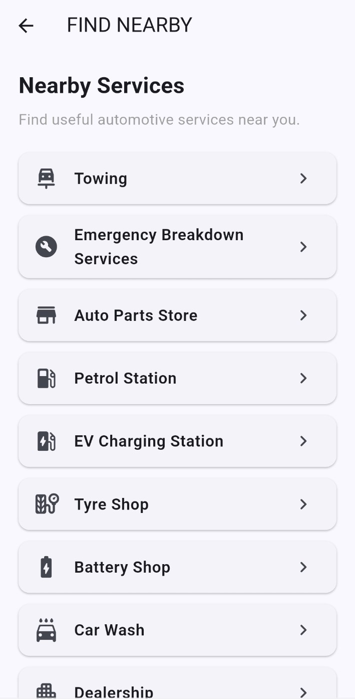 HELP MY CAR Find Nearby screen for automotive services