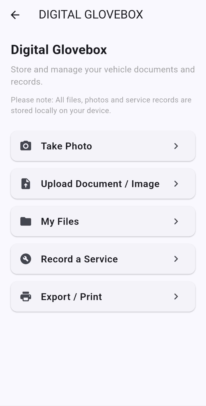 HELP MY CAR Digital Glovebox screen for vehicle documents and service records