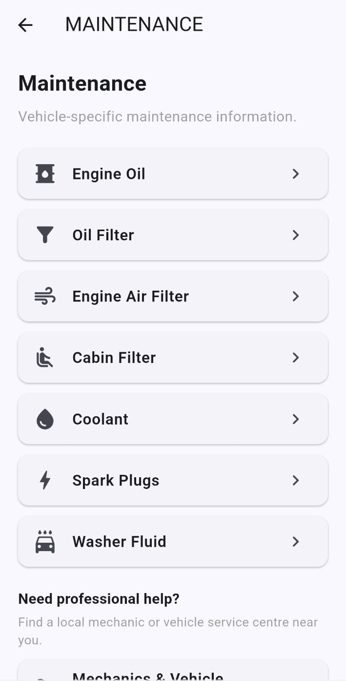 HELP MY CAR routine maintenance screen for the selected vehicle