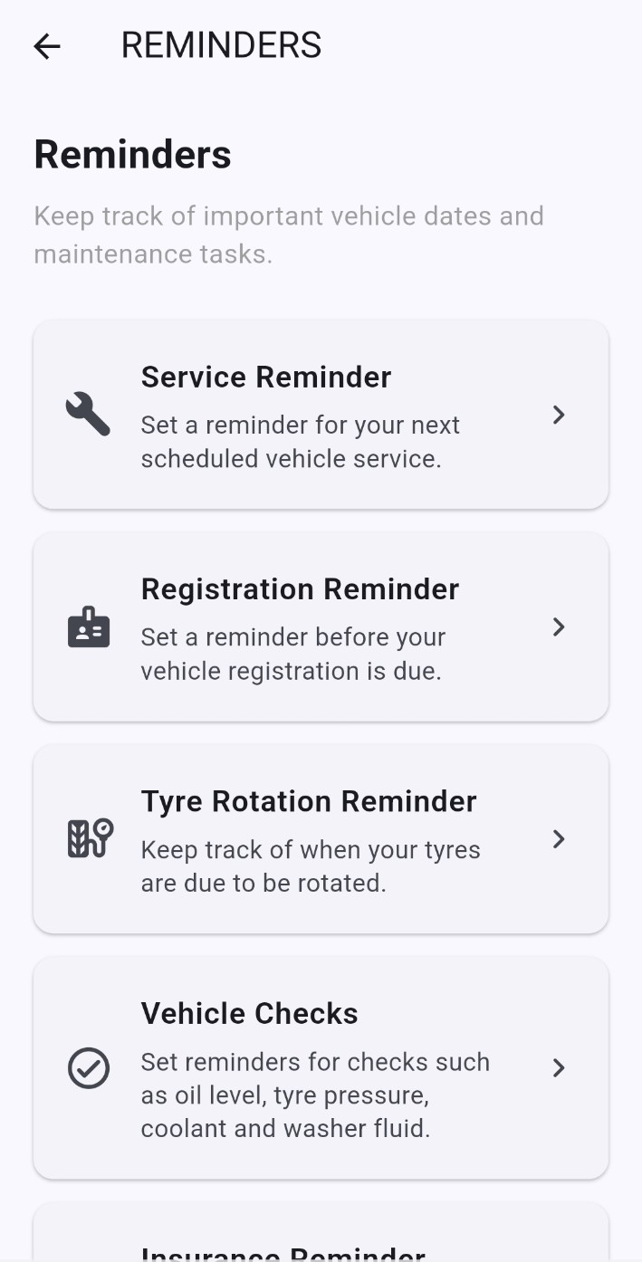 HELP MY CAR Reminders screen for important vehicle dates