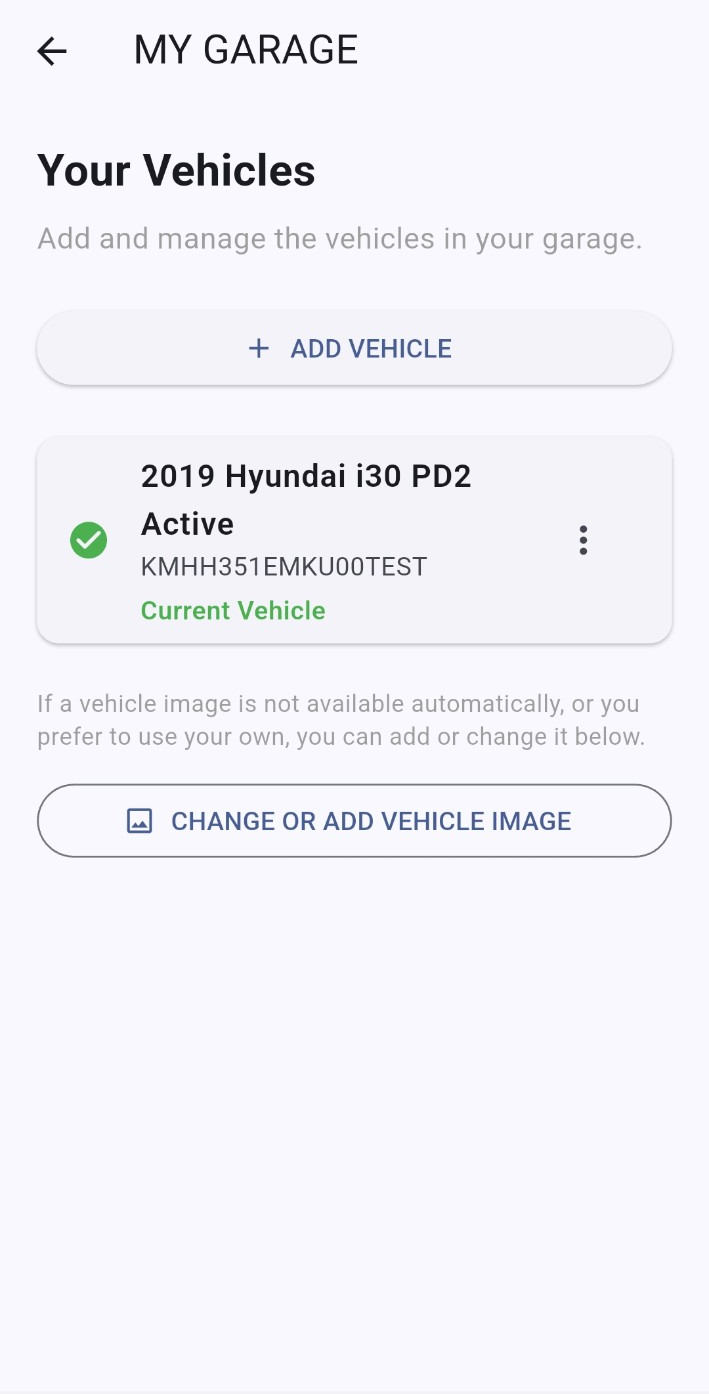 HELP MY CAR My Garage screen showing saved vehicles