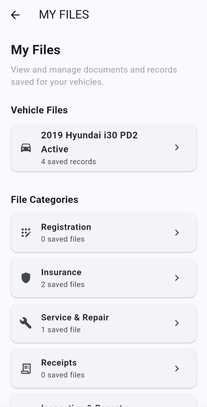 HELP MY CAR My Files screen showing saved vehicle documents