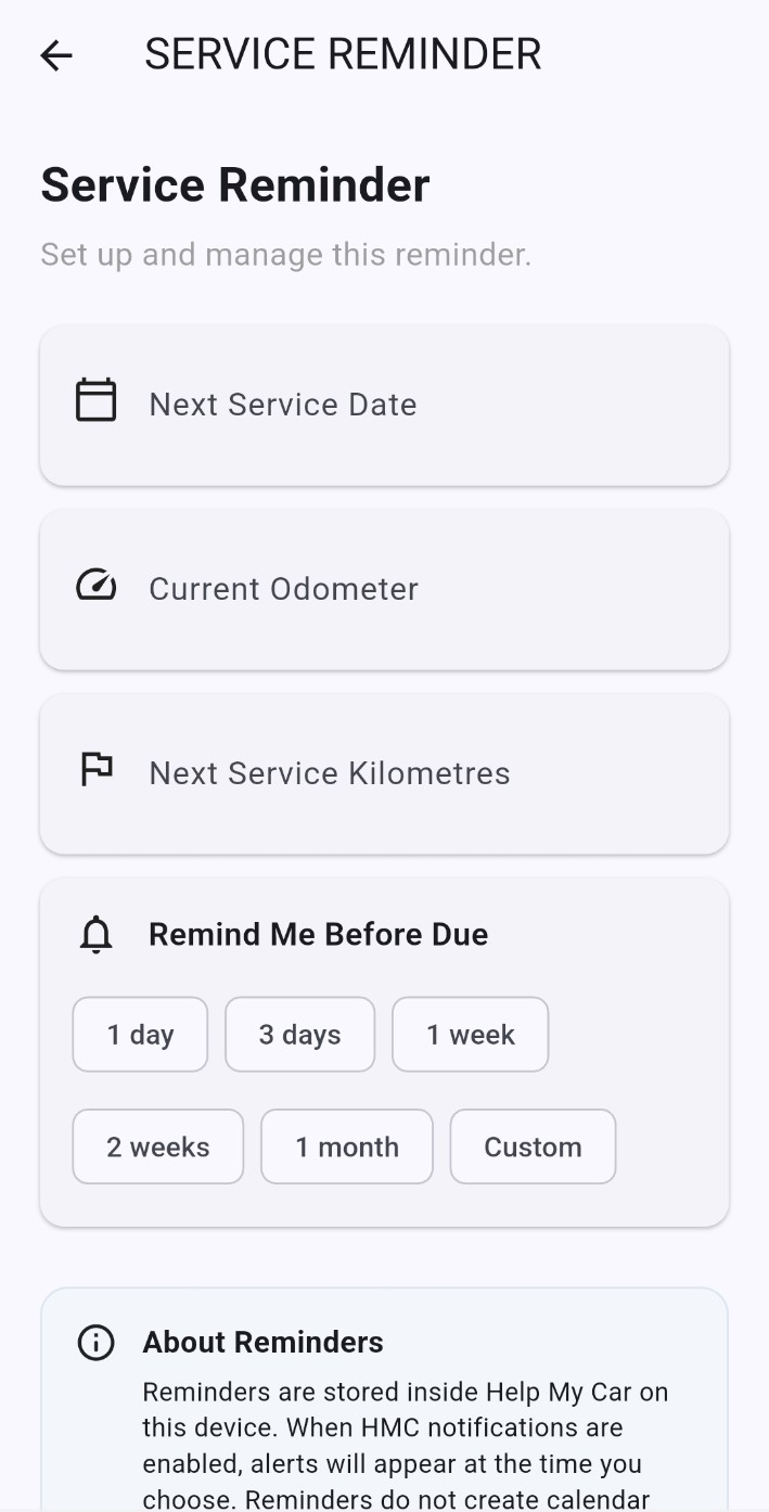 HELP MY CAR Service Reminder screen