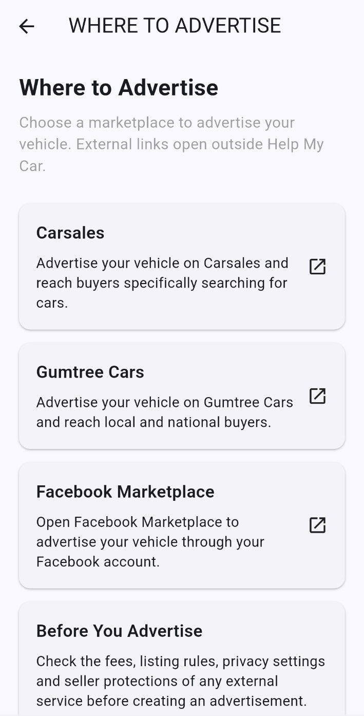HELP MY CAR Where to Advertise screen with Australian vehicle marketplaces