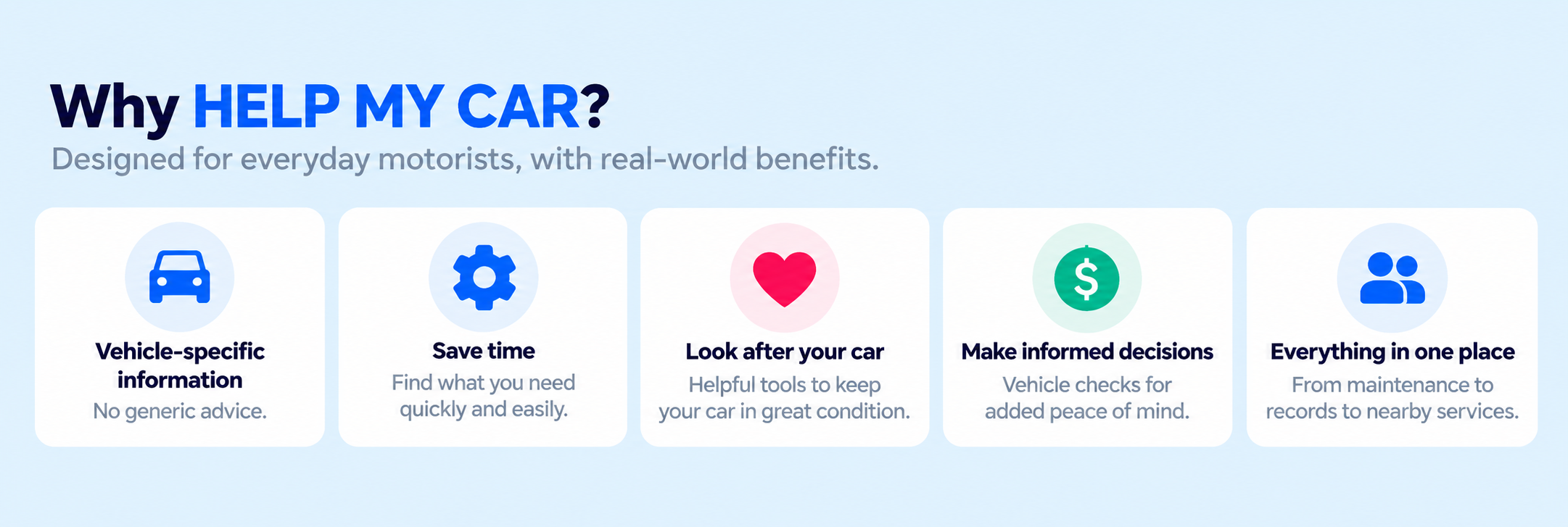 Why HELP MY CAR? Vehicle-specific information, save time, look after your car, make informed decisions and keep everything in one place.