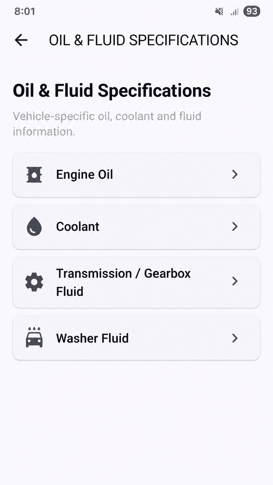 HELP MY CAR Parts & Specifications — vehicle-specific oil and fluid categories