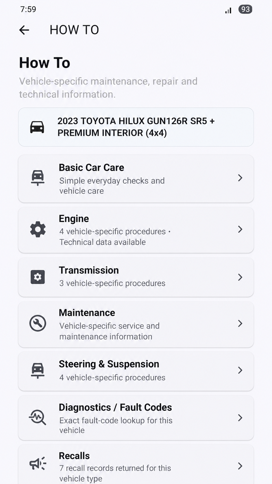 HELP MY CAR vehicle-specific How To menu showing maintenance, repairs, fault codes and recalls