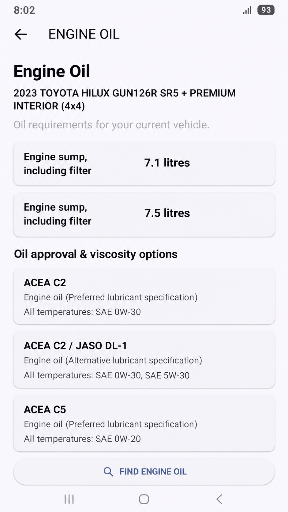 HELP MY CAR Parts & Specifications — engine oil capacities and viscosity information