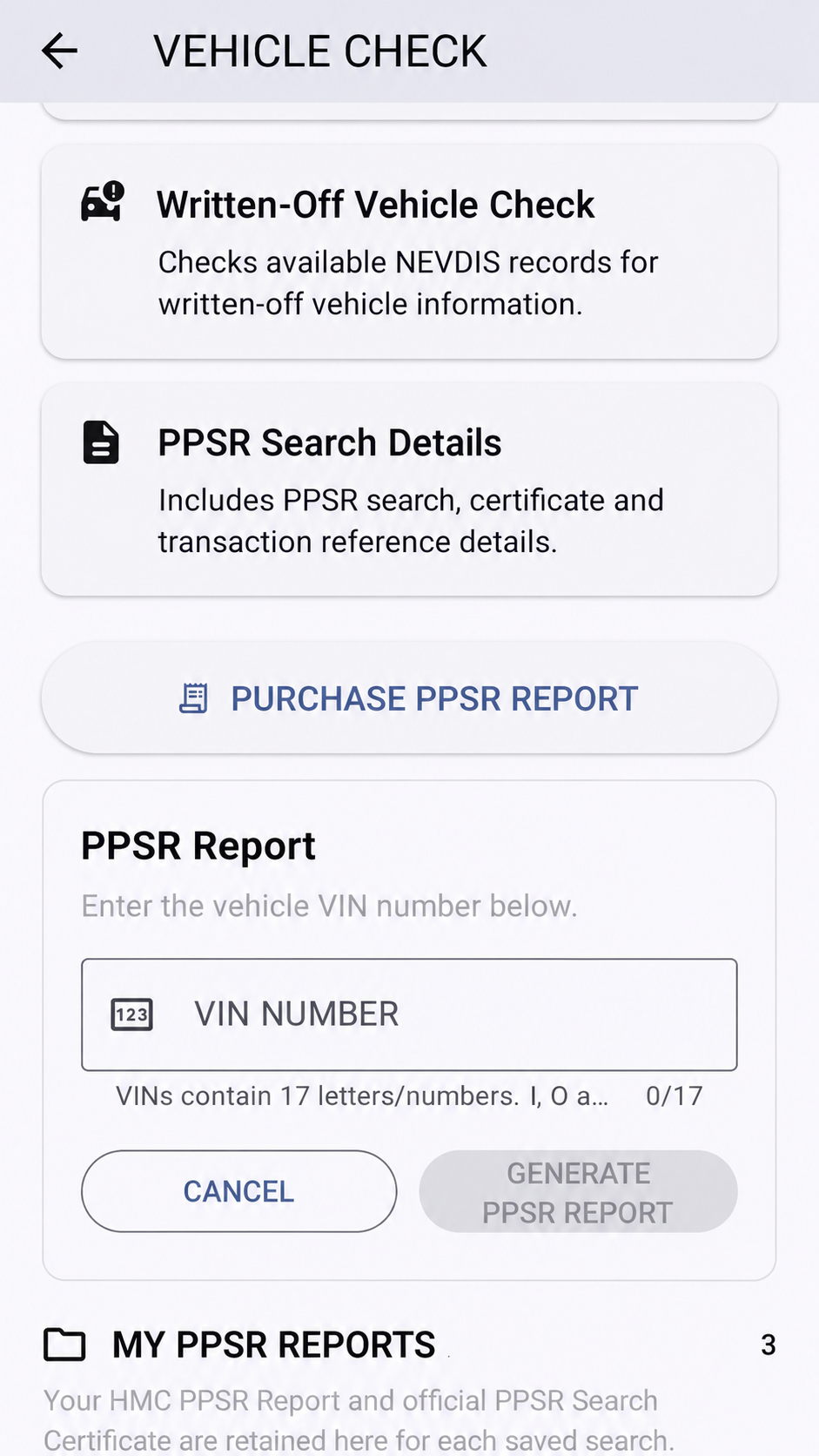 HELP MY CAR Vehicle Check PPSR lookup screen