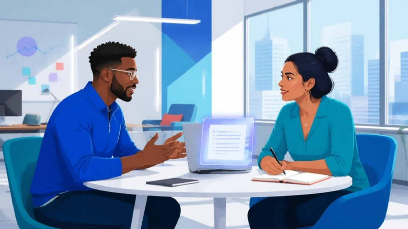 A manager and a team member talk in a one-on-one meeting while the manager takes handwritten notes beside an open laptop