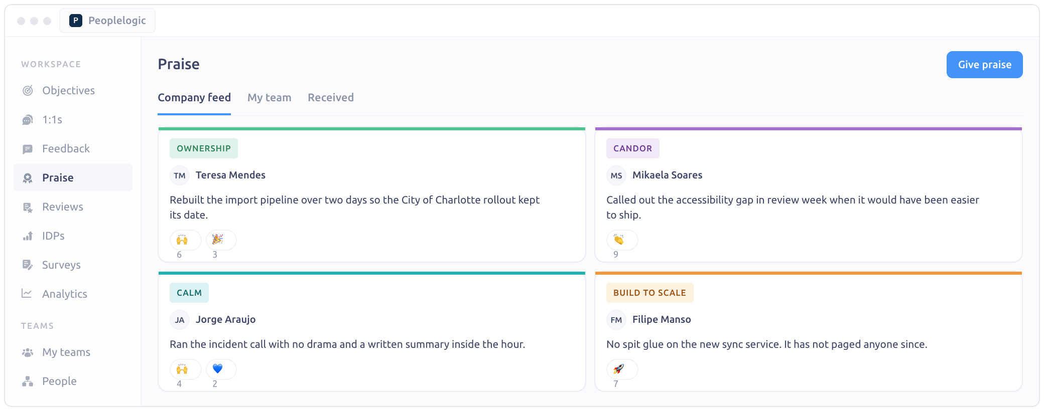 Praise wall: value-tagged cards with emoji reactions