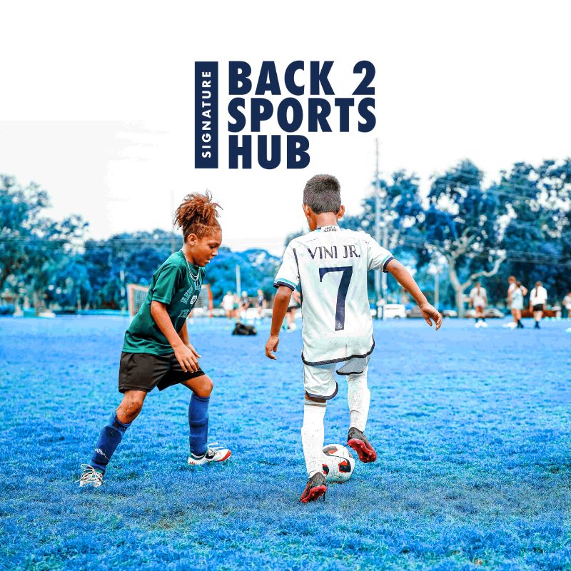 Back2Sports Hub graphic with two young soccer players