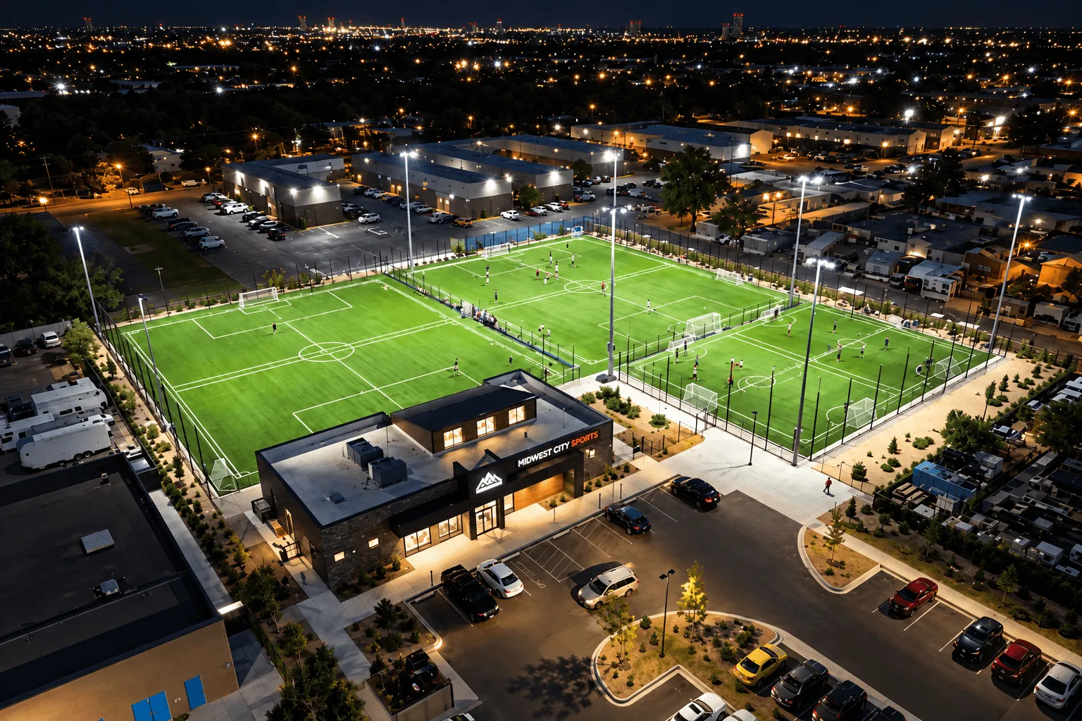 Aerial view of a lit youth sports complex at night with games on several fields