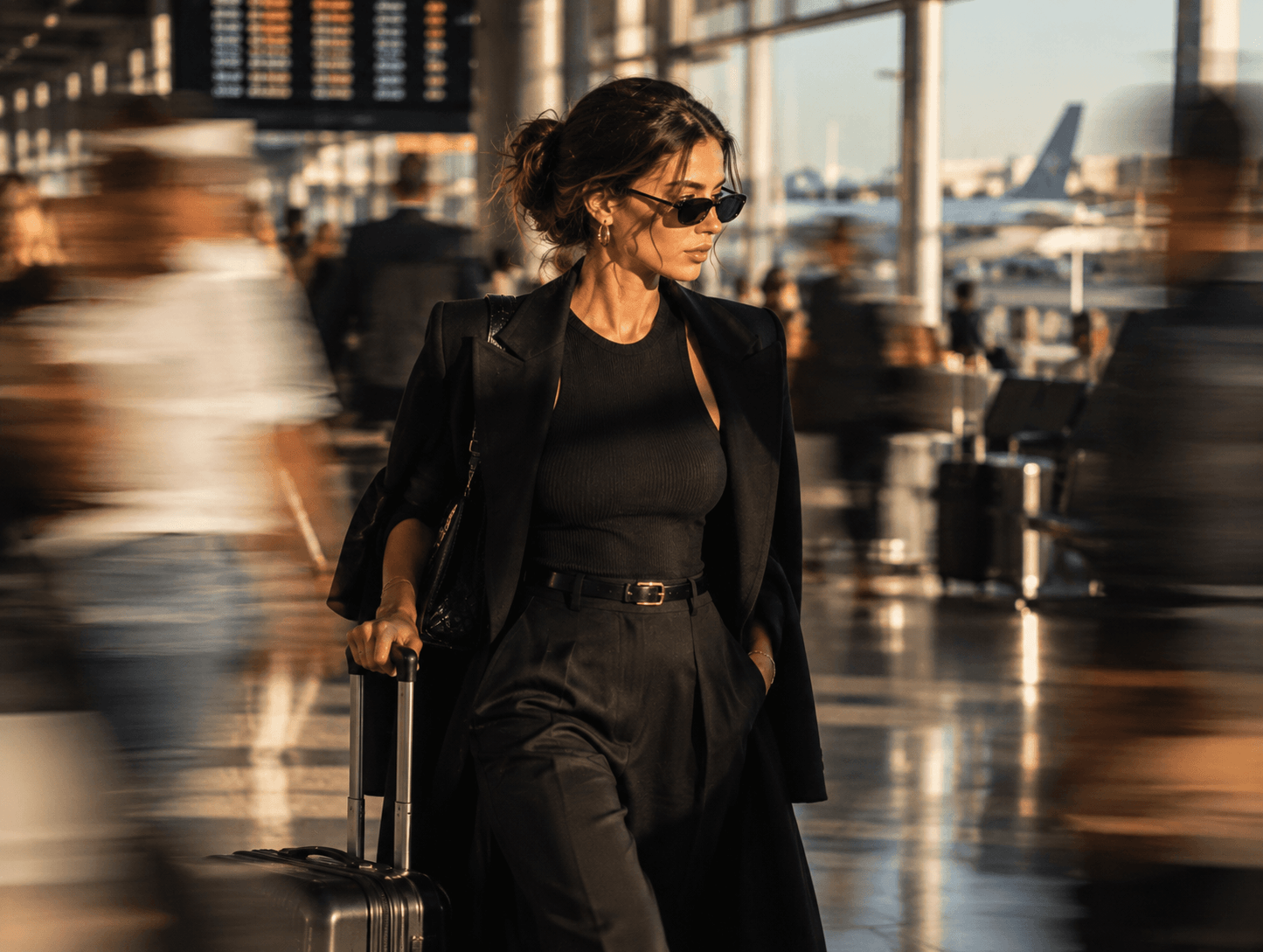 Woman with a suitcase walking through an airport terminal