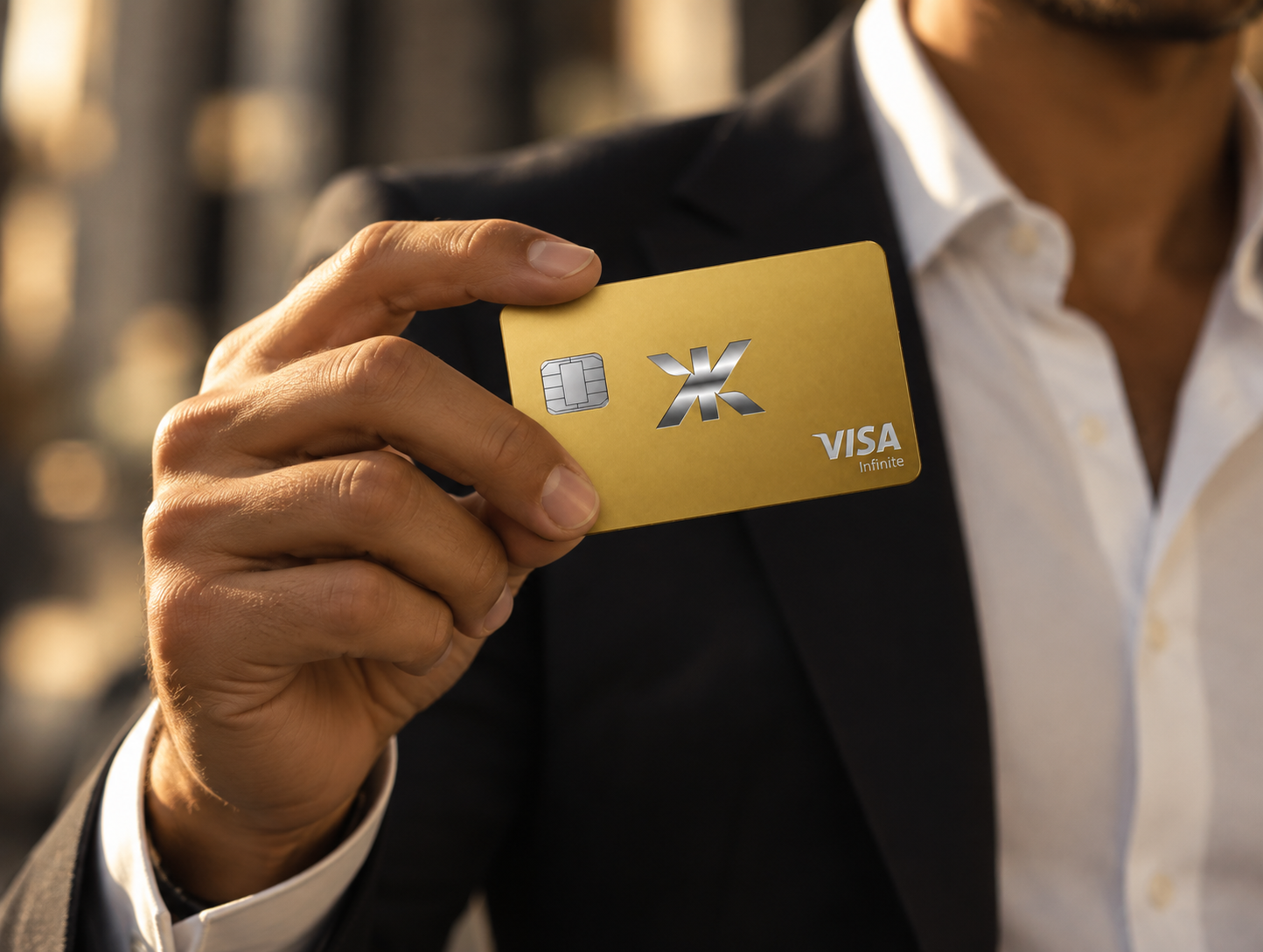 Man in a suit holding a gold KrypKard Visa Infinite card