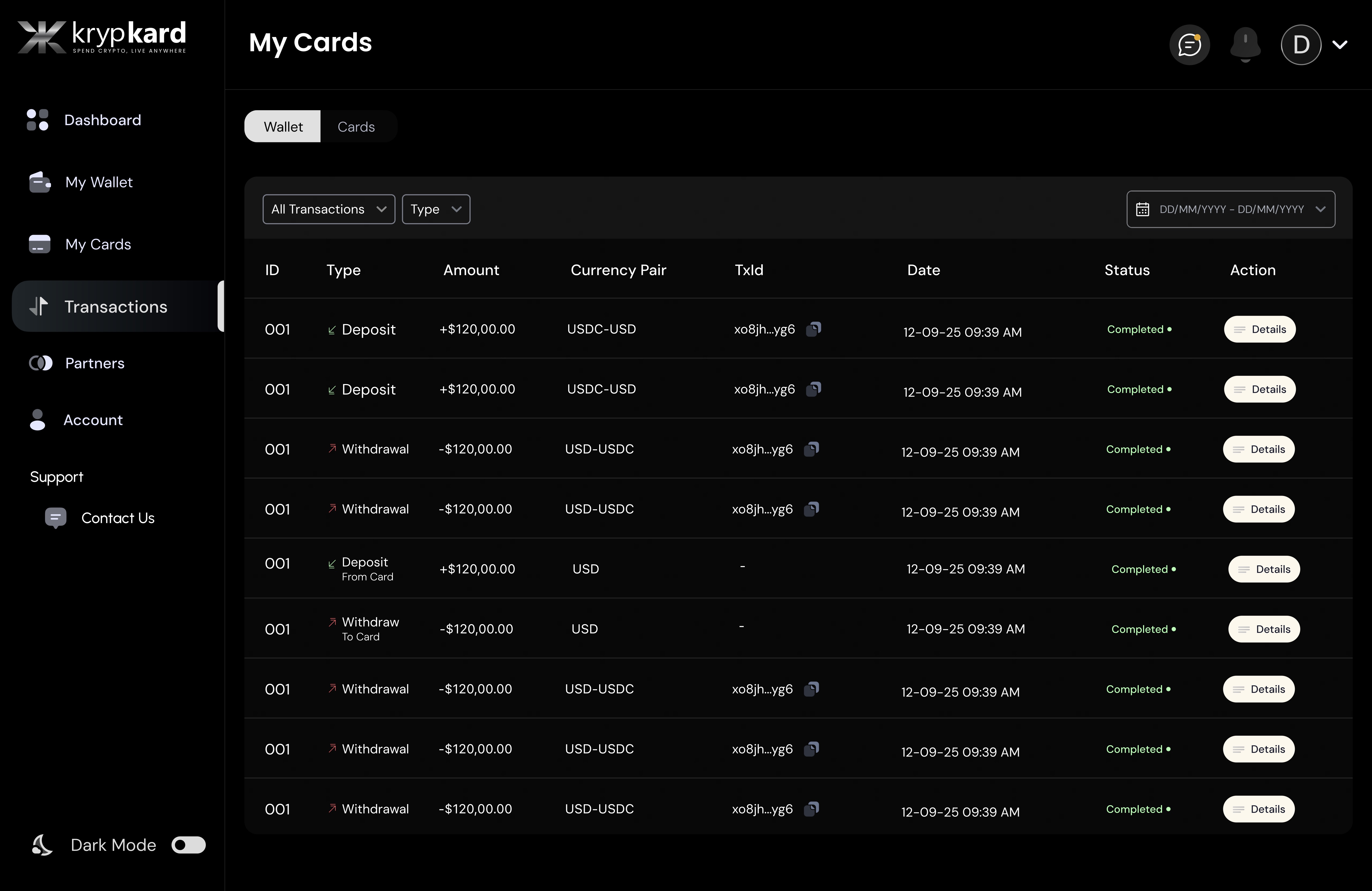 KrypKard platform showing the wallet transactions table with deposits, withdrawals and card controls