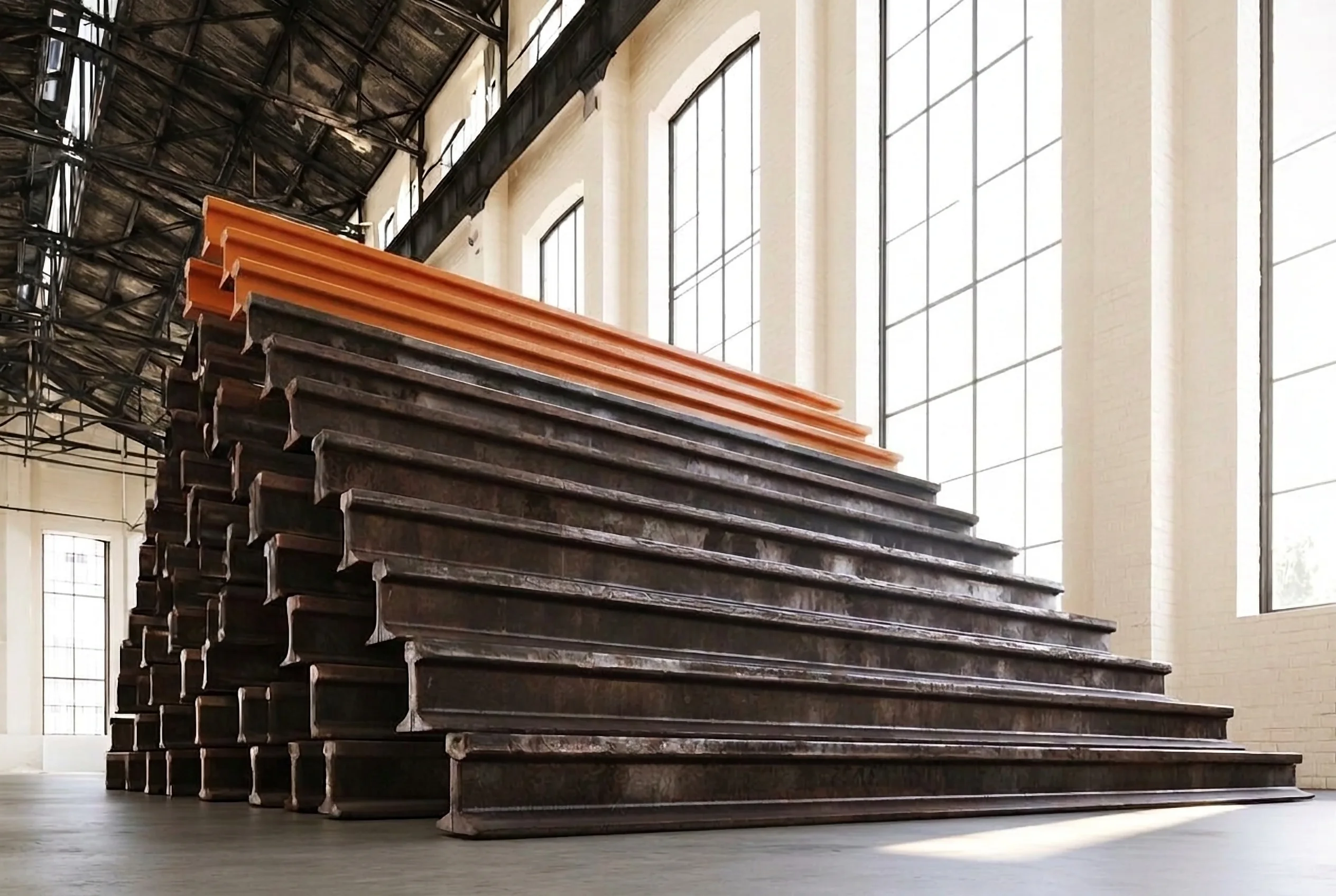 Eine Treppe aus alten Stahlträgern, auf der oben mehrere neue orangefarbene Träger aufliegen, in einer hellen Werkhalle