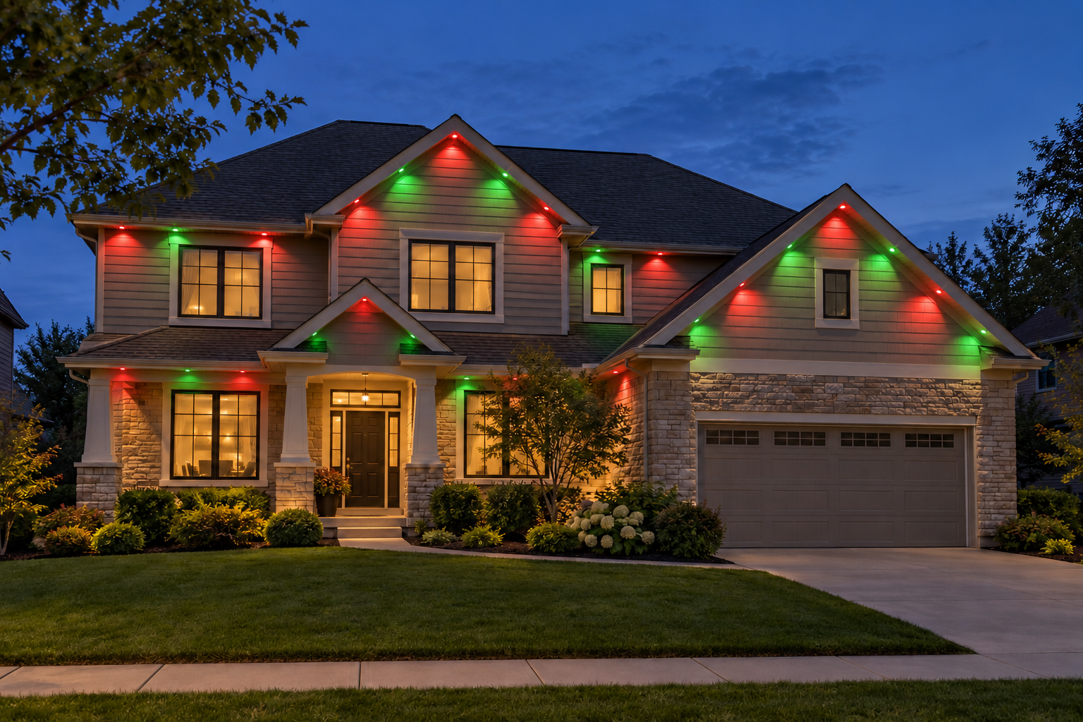Concept visualization of the same home with red and green permanent roofline lighting