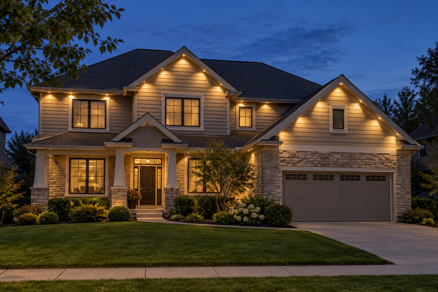 Concept visualization of a home with warm white permanent roofline lighting