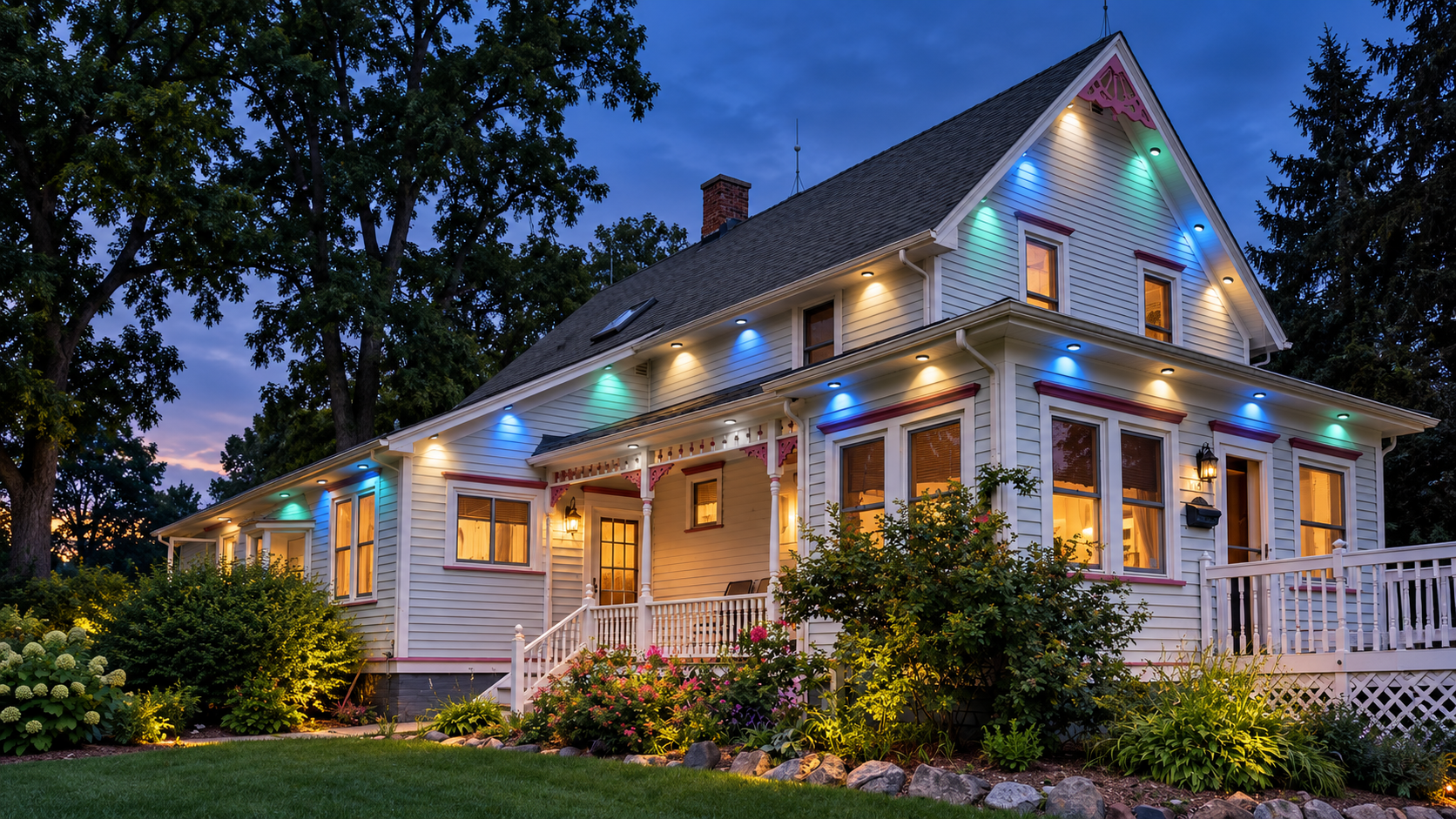 Concept visualization of a white house at dusk with colorful permanent roofline lighting