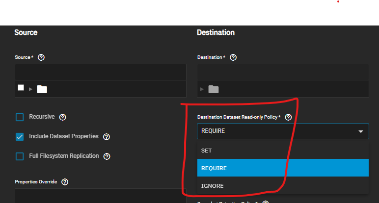 Destination dataset read-only policy setting