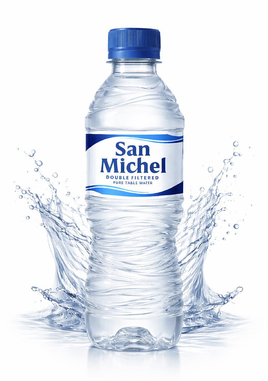 Clear plastic bottle of San Michel double filtered pure table water with a blue cap and water splash background.
