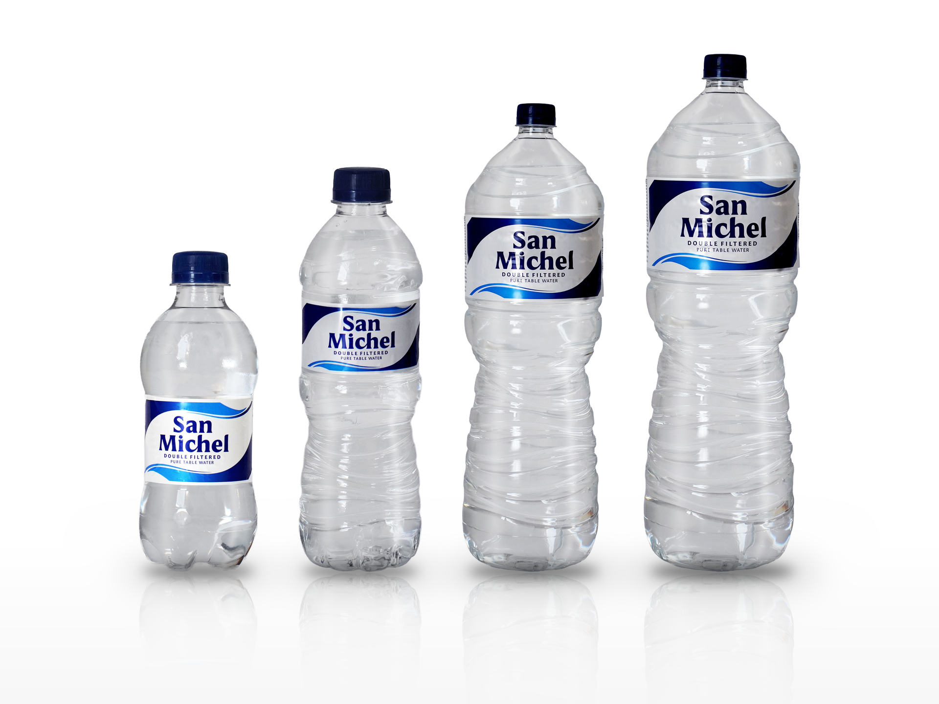 San Michel double filtered table water bottles in 0.33ltr, 0.5ltr, 2ltr and 2.5ltr.