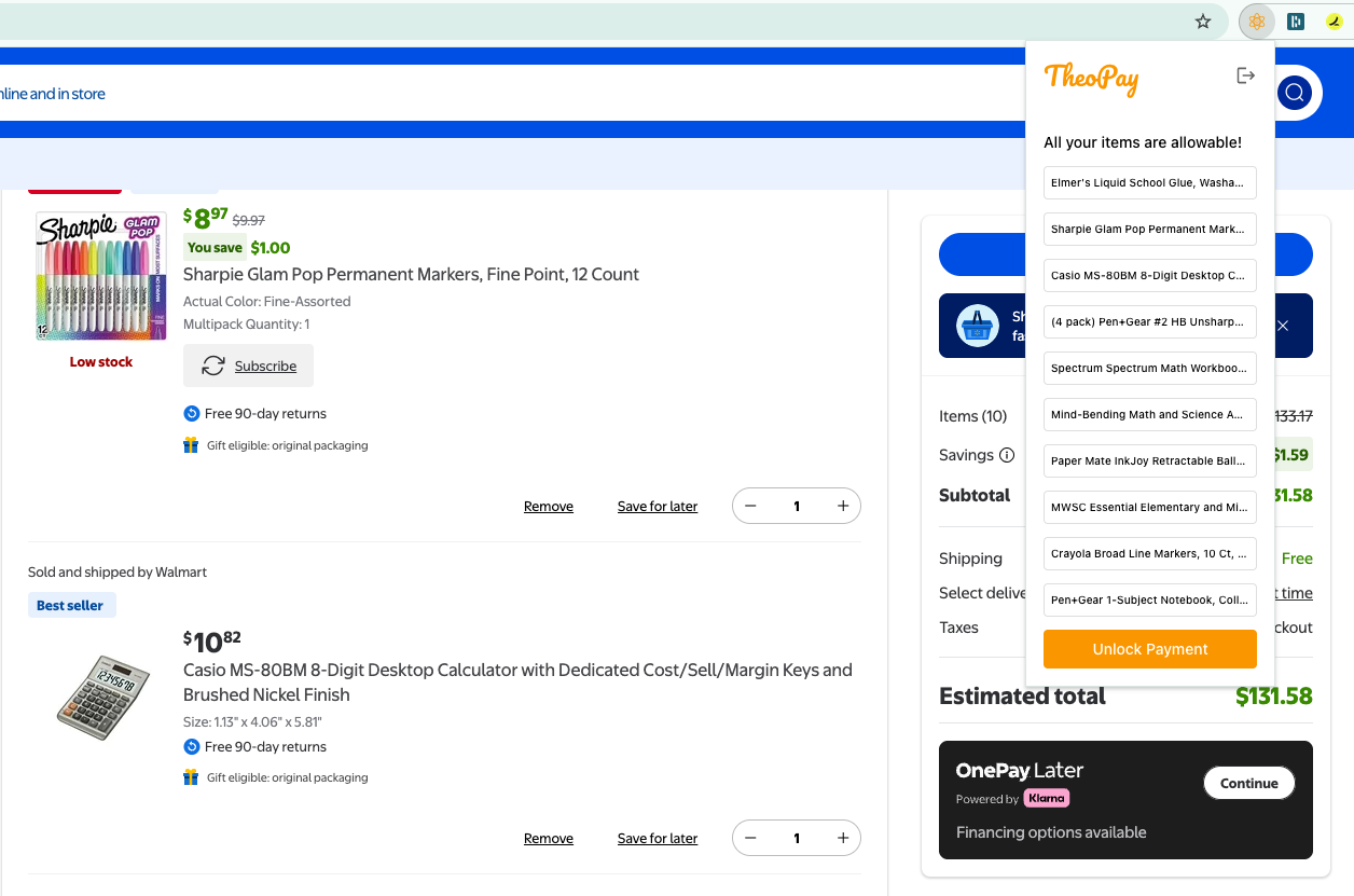 TheoPay spending categories screenshot