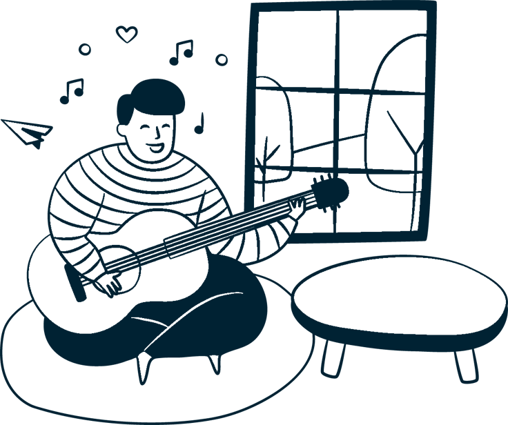 Illustration of a person playing guitar in a cozy room
