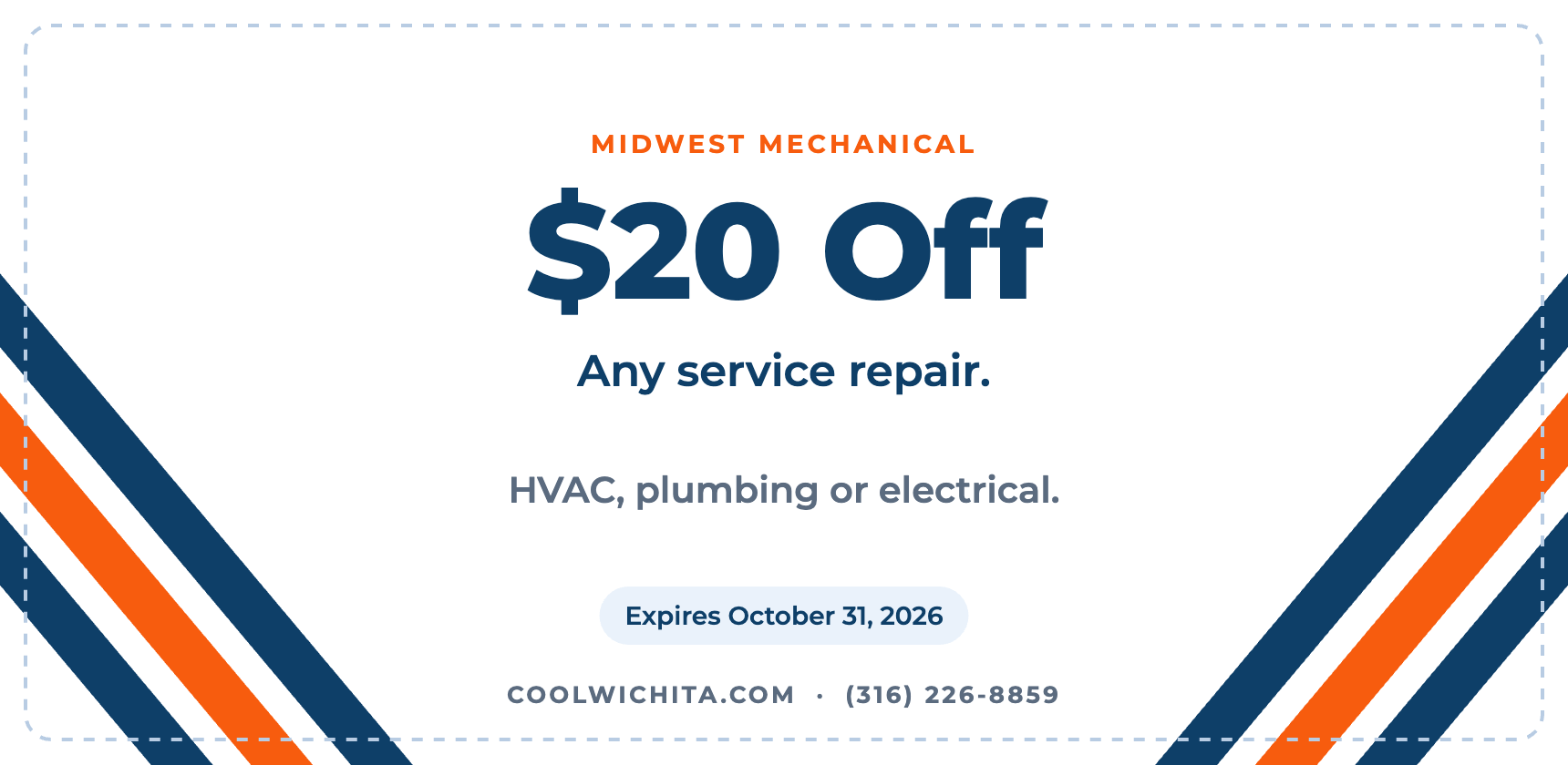 Midwest Mechanical special: $20 off any HVAC, plumbing or electrical service repair, expires October 31, 2026
