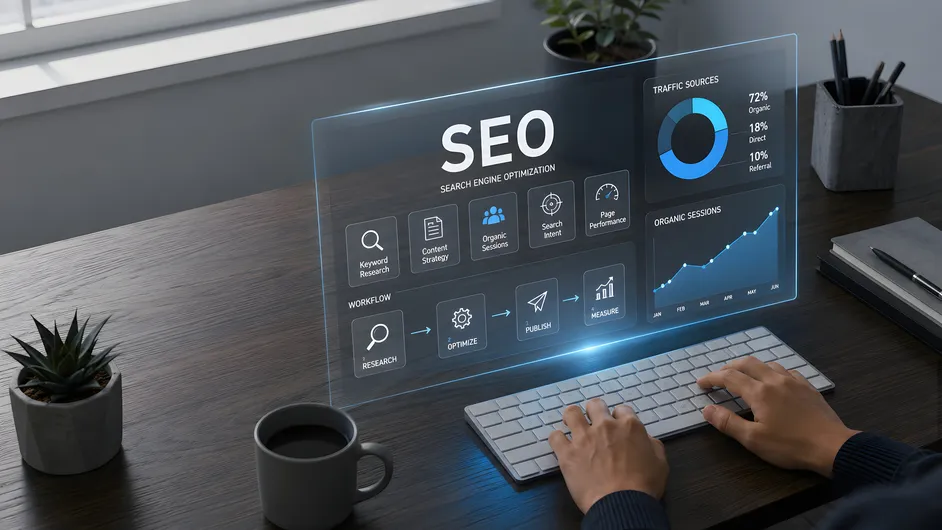 Person at a keyboard with a search engine optimization dashboard overlay.
