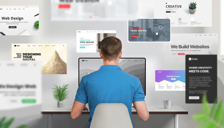 Web designer at a desk surrounded by website layouts.
