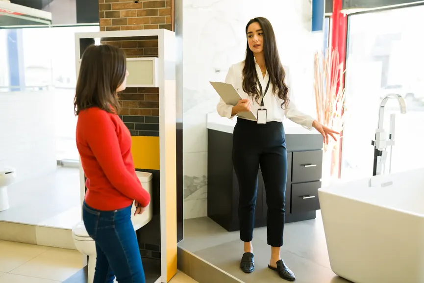 Showroom consultant with a clipboard talking with a client among bathroom displays.