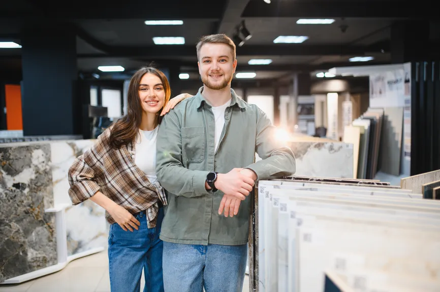 Couple standing in a stone and tile showroom.
