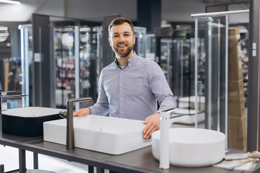 Salesperson at a bathroom vanity display in a showroom.