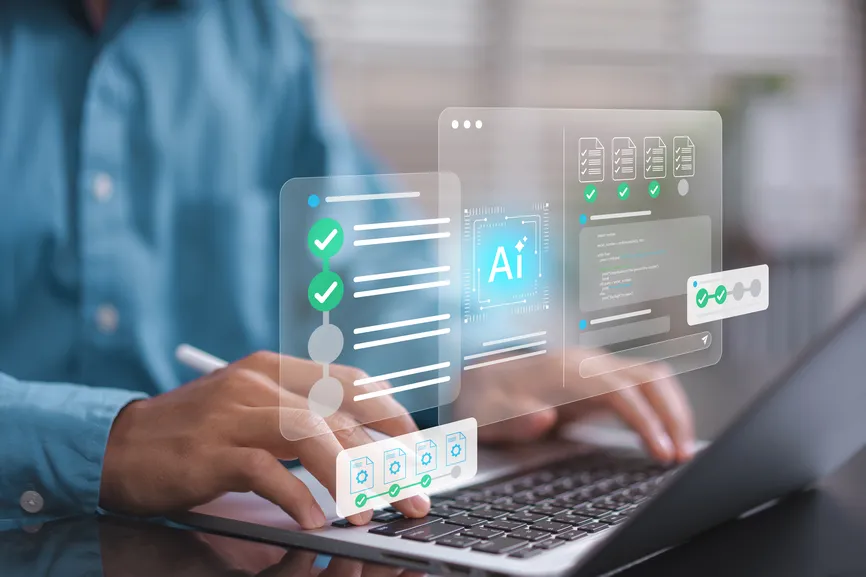 Person on a laptop with an AI checklist graphic.