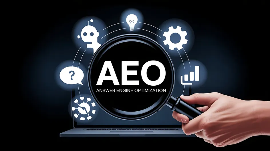 Answer engine optimization graphic above a laptop.