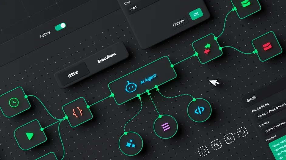 AI workflow diagram on a dark screen.