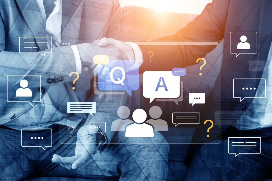 Handshake with question and answer icons around it.