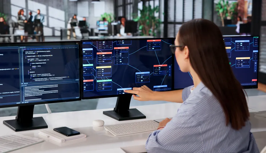 Person working across three monitors of dashboards and code.