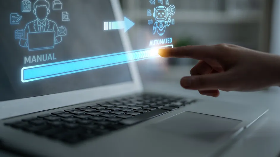 Hand moving a slider from manual to automated above a laptop.