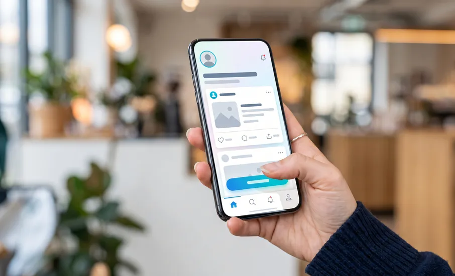 Hand holding a phone with an app on screen.