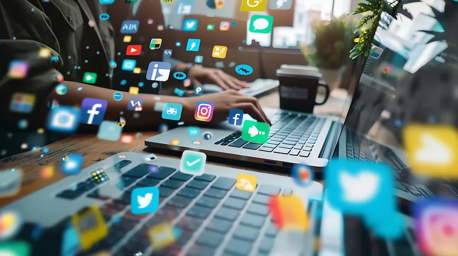 Laptop with social media app icons bursting from the screen.