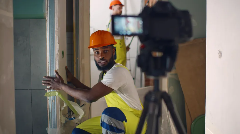 Contractor in a hard hat being filmed on a job site.