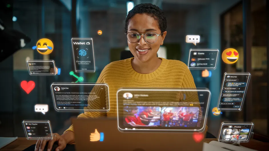 Woman at a laptop surrounded by social media post graphics.