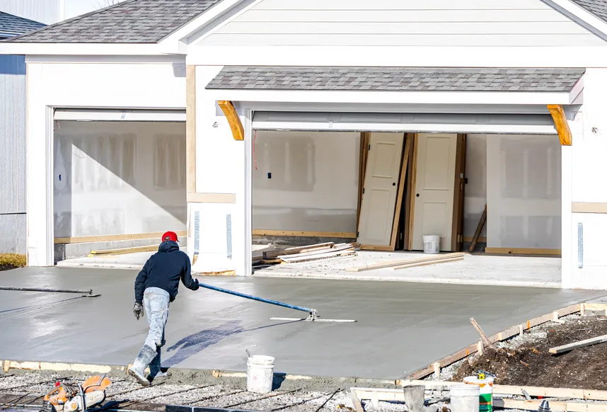Worker spreading fresh concrete for a new driveway in front of a garage.